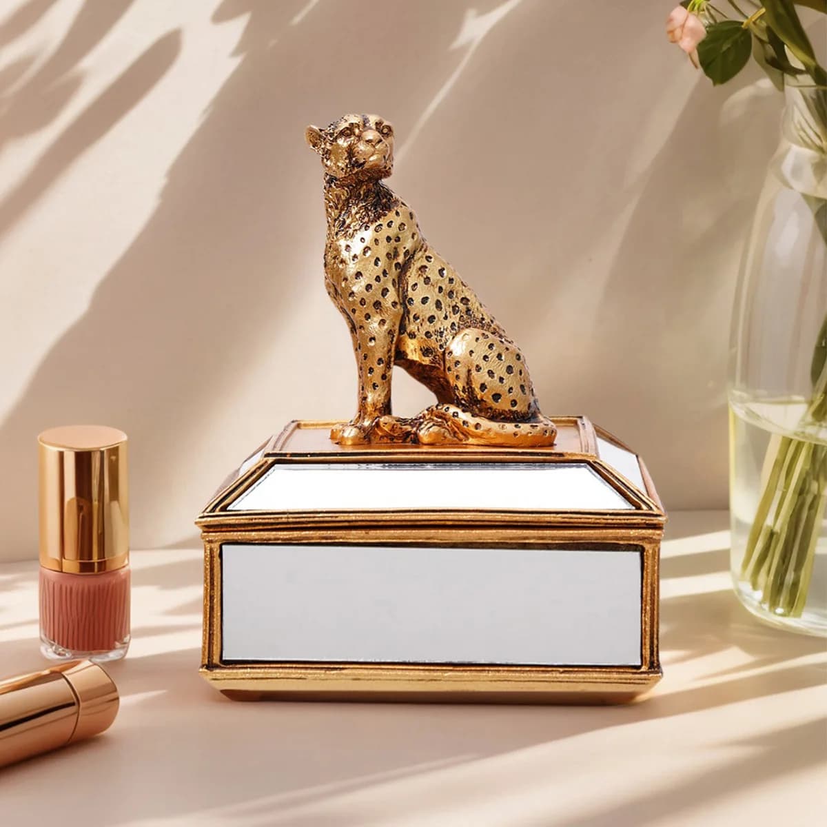Boîte de rangement pour bijoux en forme de léopard doré effet miroir, organiseur de maison