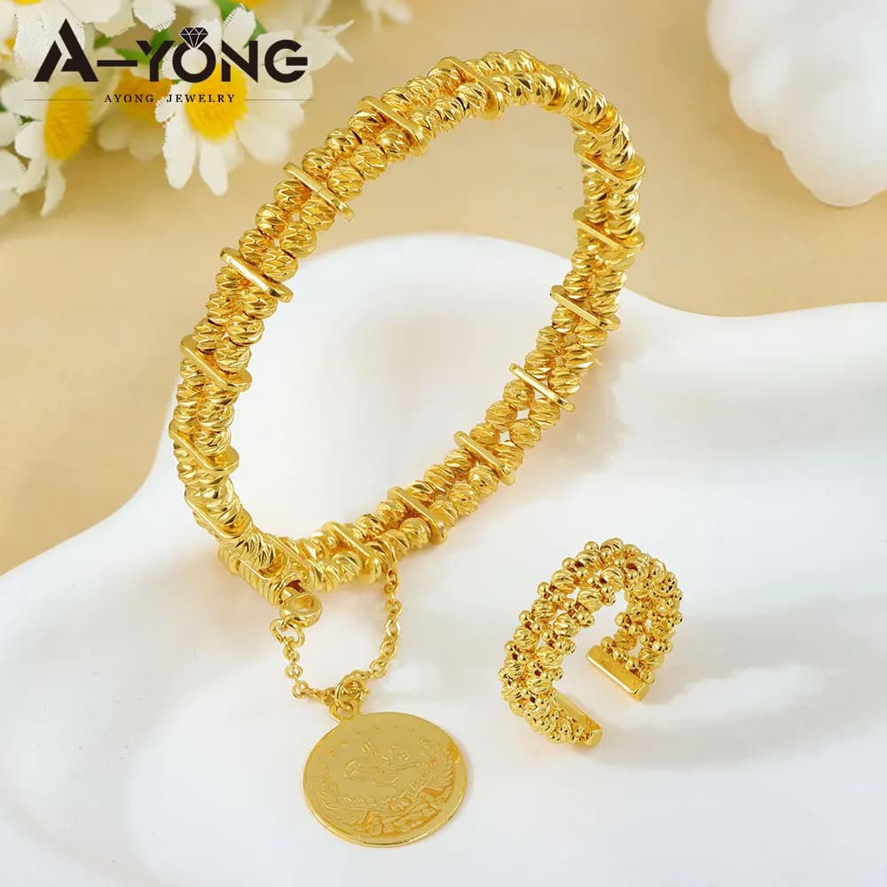 Ensemble de bracelets et bagues en perles de mode arabe, plaqué or 24 carats, Bracelet de mariage de mariée du Nigeria, bijoux de fête rétro pour femmes islamiques de dubaï