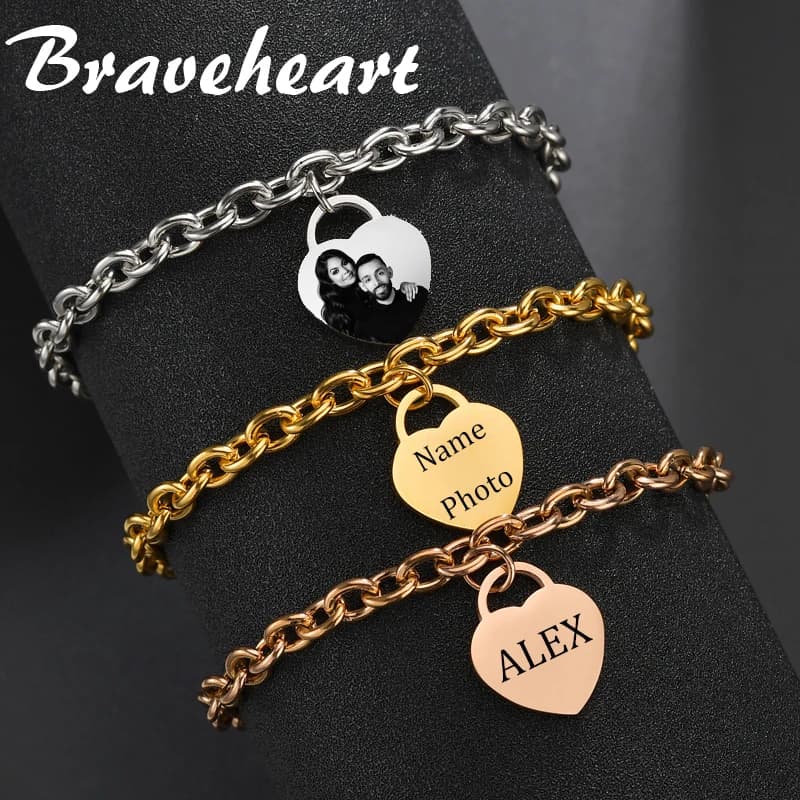Bracelet personnalisé en forme de cœur gravé, Photo avec nom personnalisé pour femmes et hommes, chaîne de poignet en acier inoxydable, bijoux cadeaux, livraison directe