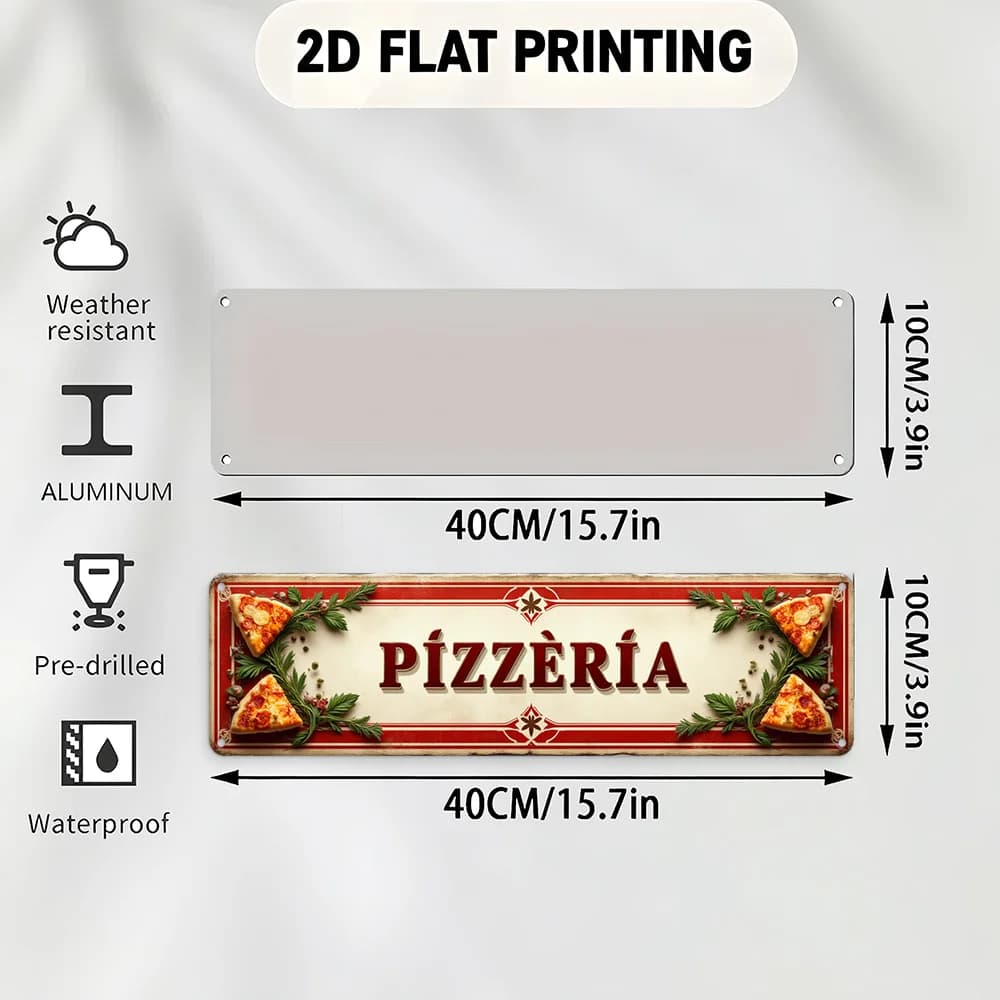 Plaque en métal vintage pour pizzeria, impression 2D, décoration murale, design rétro de tranches de pizza italienne et d'herbes, style pizzeria classique