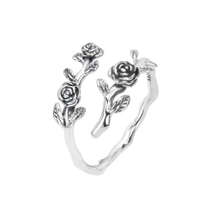 Bijoux de luxe en argent sterling 925, branche de roses ​ Bagues réglables pour femmes, bague de rencontre, beaux accessoires élégants, bijoux
