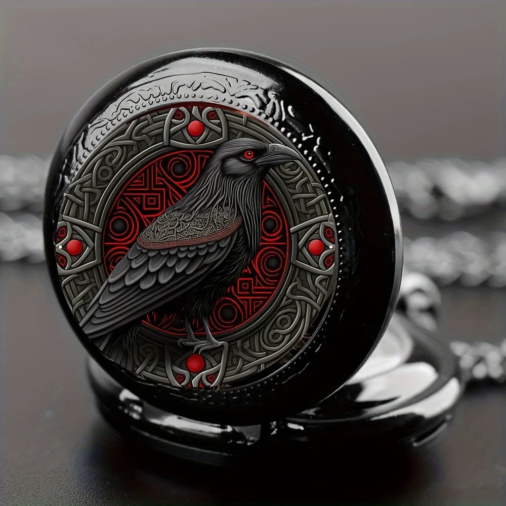 Montre de poche Black Raven au design gothique avec boîtier et bracelet en alliage de collier