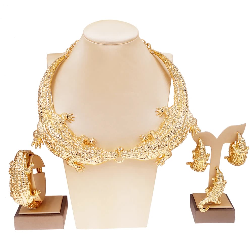 Ensemble de bijoux pour femmes, collier Crocodile plaqué or italien, bague Design Animal, grand collier de fête