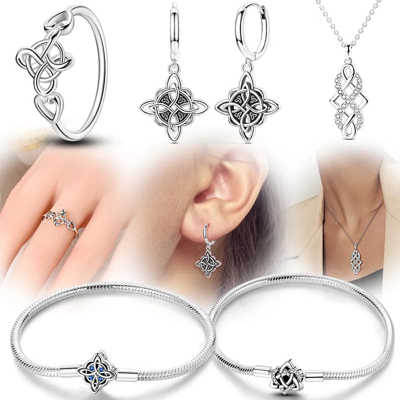 Ensemble de bijoux fins en argent sterling 925, série nœud celtique, boucles d'oreilles, bracelet, bague, collier pour femmes, pour fête, mariage, cadeau