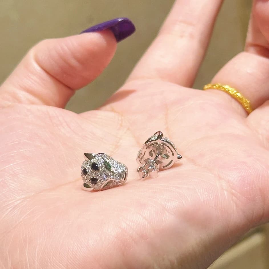 Boucles d'oreilles en argent Sterling 925 avec pierre de carbone, tête de léopard panthère, émail noir, bijoux de luxe de styliste pour femmes ou hommes