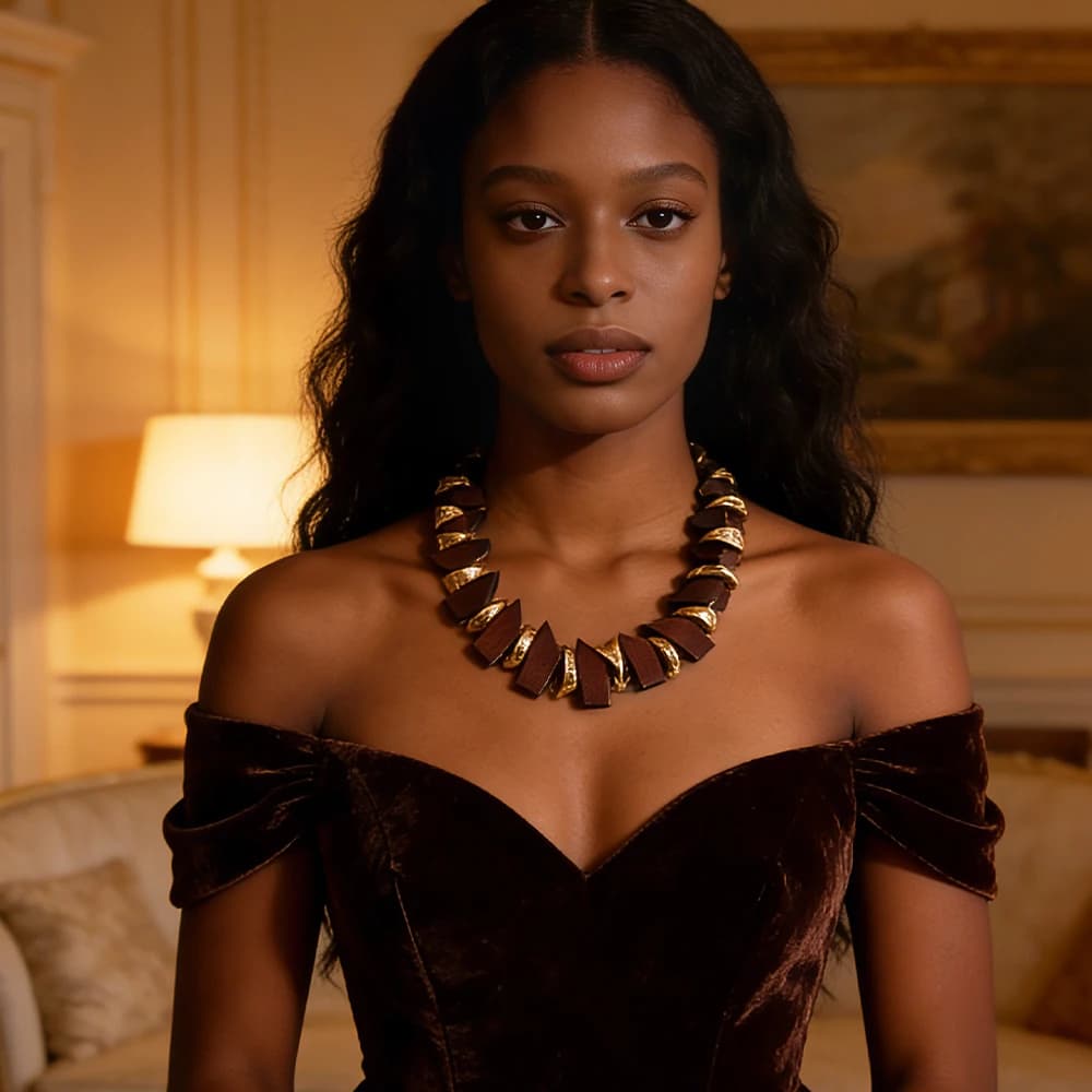 Collier ras du cou en bois et or (Luxueux et naturel) – Bijou audacieux idéal pour les brunches et les tenues élégantes, avec des éléments en bois naturel