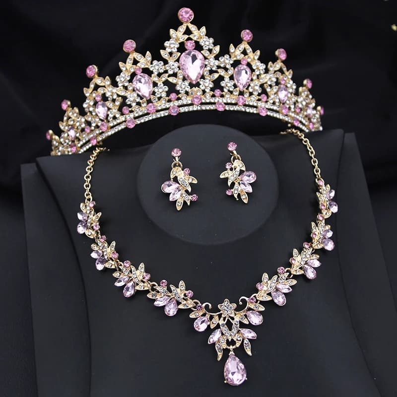 Parures de bijoux Princesse Couronne Rose pour Femme – Diadèmes, Colliers et Boucles d'oreilles pour Fêtes, Bals de Promo, Mariages et Anniversaires
