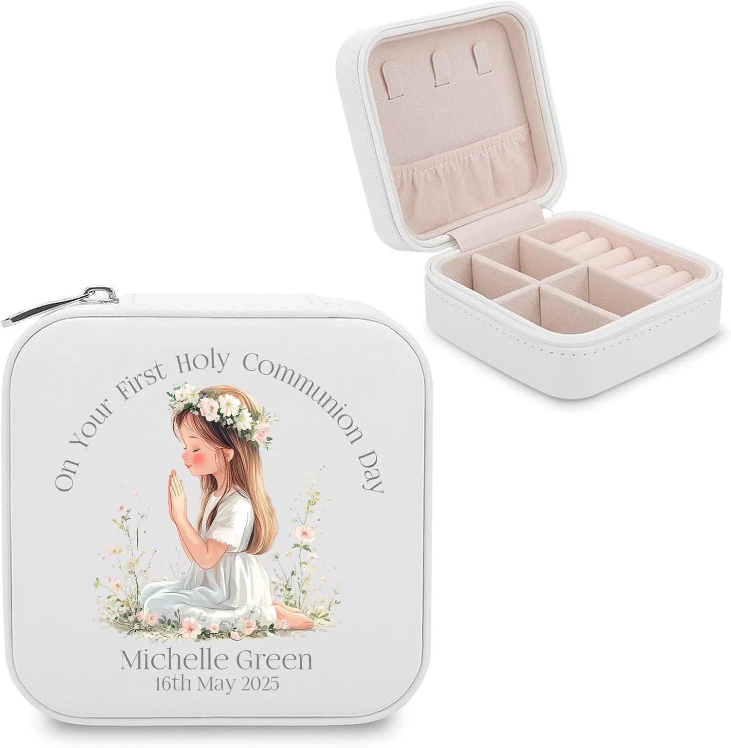 Cadeau personnalisé pour la première communion des filles, boîte à bijoux avec nom et date personnalisés, élégant souvenir pour la première communion