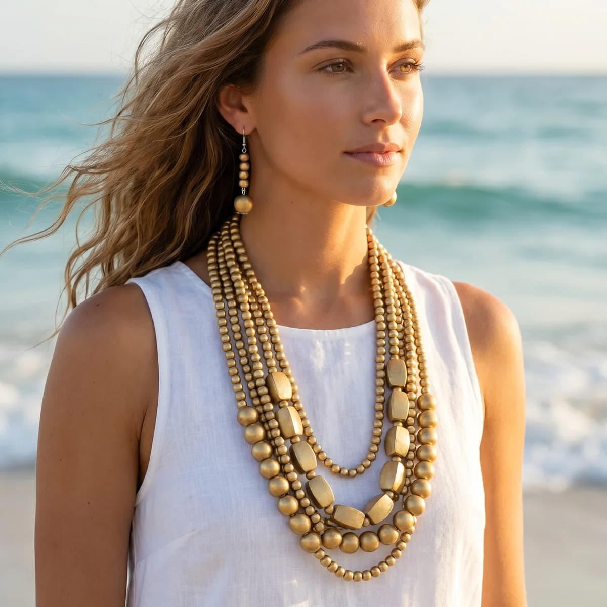 Ensemble de bijoux bohème en perles de bois, collier et boucles d'oreilles multicouches faites à la main pour femmes, accessoires de fête et de vacances