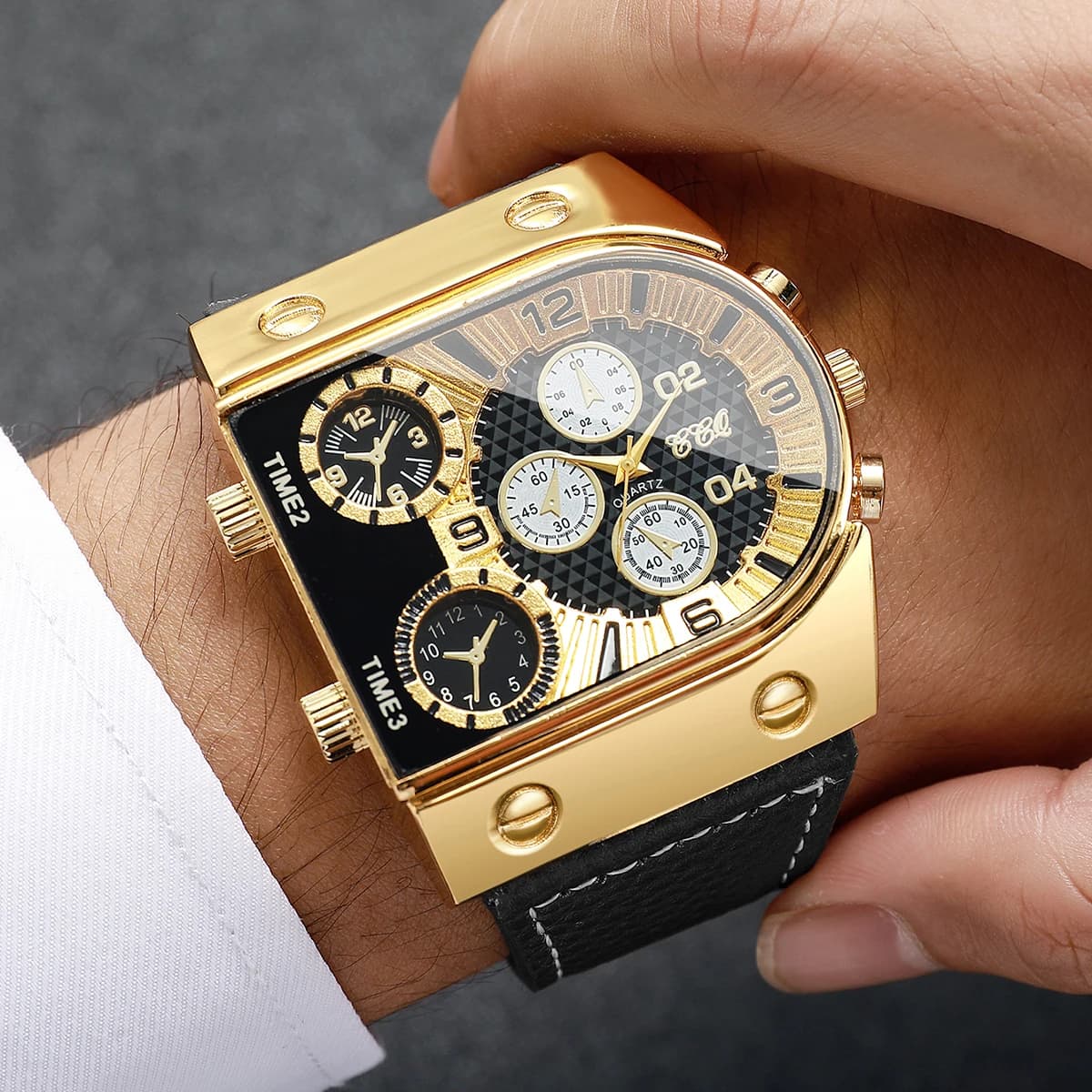 Montres de luxe carrées surdimensionnées pour hommes, cadran décoratif à cinq aiguilles, bracelet en cuir, montre à Quartz, Relogio Masculino (sans boîte)