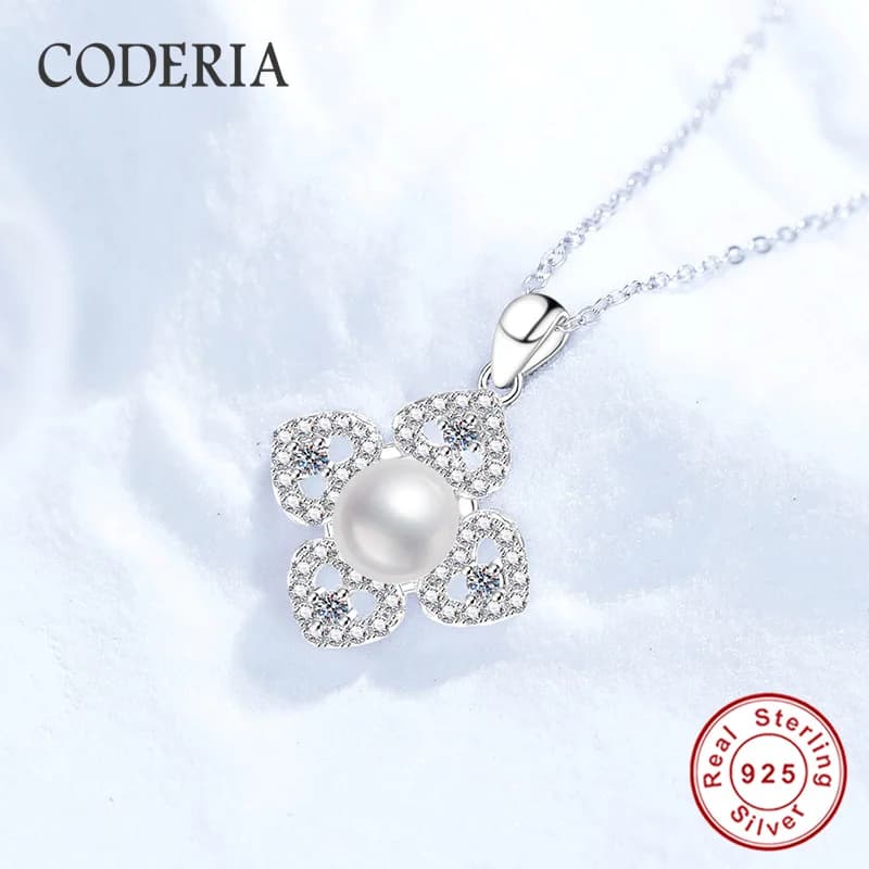Pendentif en perles naturelles 100% argent Sterling 925, collier Moissanite, camélia, trèfle à quatre feuilles, chaîne, bijoux certifiés GRA