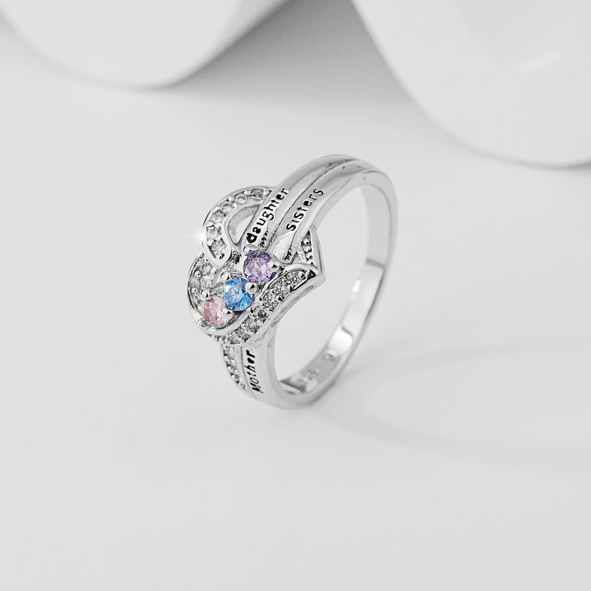 Bague Cœur Mère-Fille-Sœurs, plaquée argent 925 avec 3 pierres de zircon colorées, bijou gravé symbole d'amour familial, cadeau pour femme