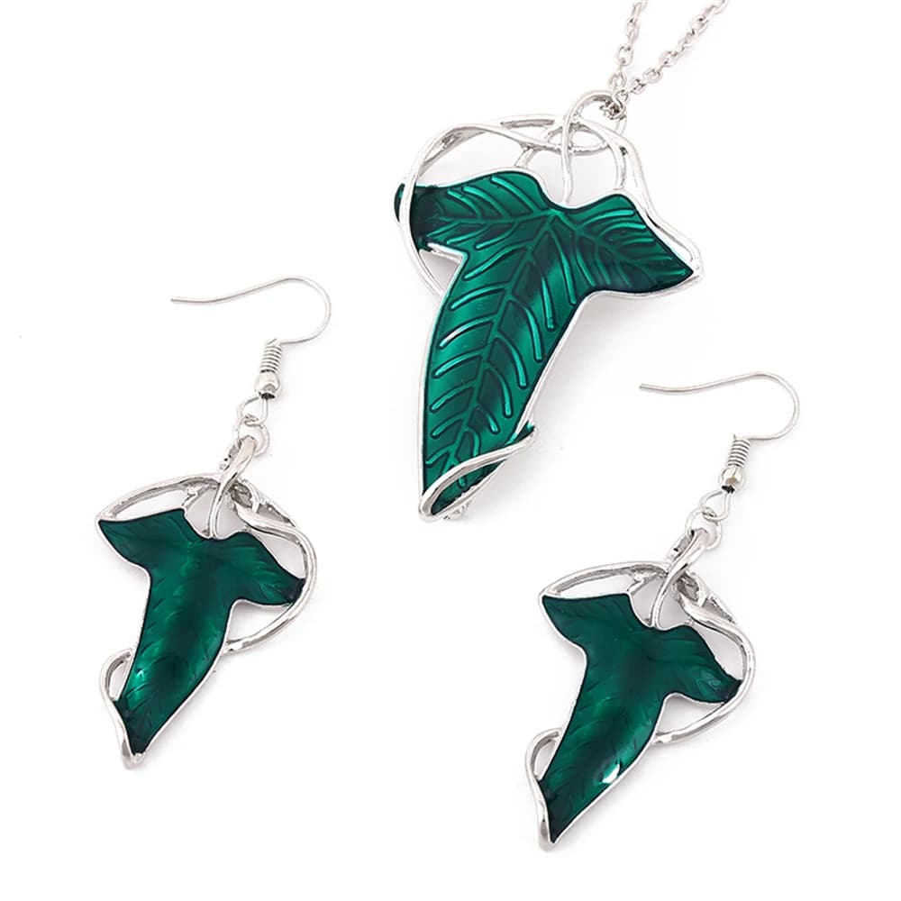 Mode Vintage charme elfe feuille verte collier elfique broche pendentif collier femmes alliage chaîne boucles d'oreilles bijoux cadeaux