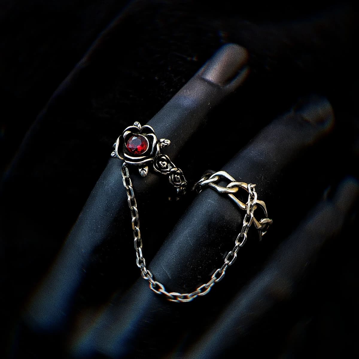 LENNIK "Rose&Chian" Bague ouverte réglable en zircon rouge S925