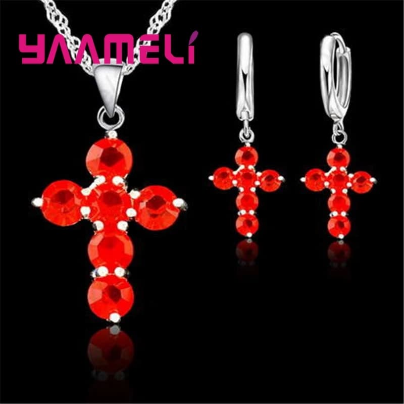 925 argent Sterling cristal autrichien croix pendentif collier boucles d'oreilles cerceau ensembles de bijoux brillant AAA Zircon 10 couleurs