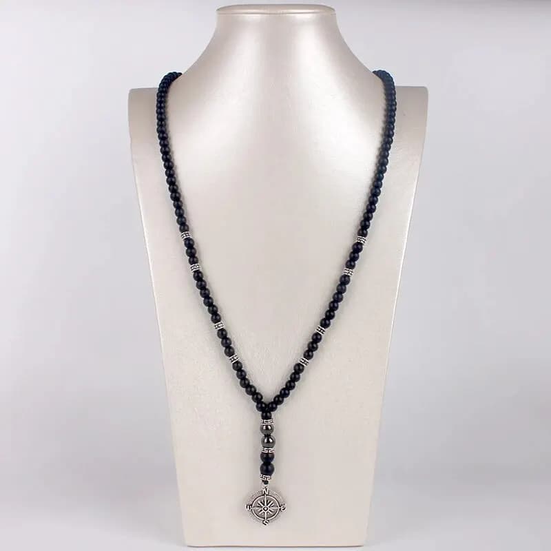 Collier en obsidienne noire mate de 6mm avec pendentif boussole pour hommes, bijoux faits à la main