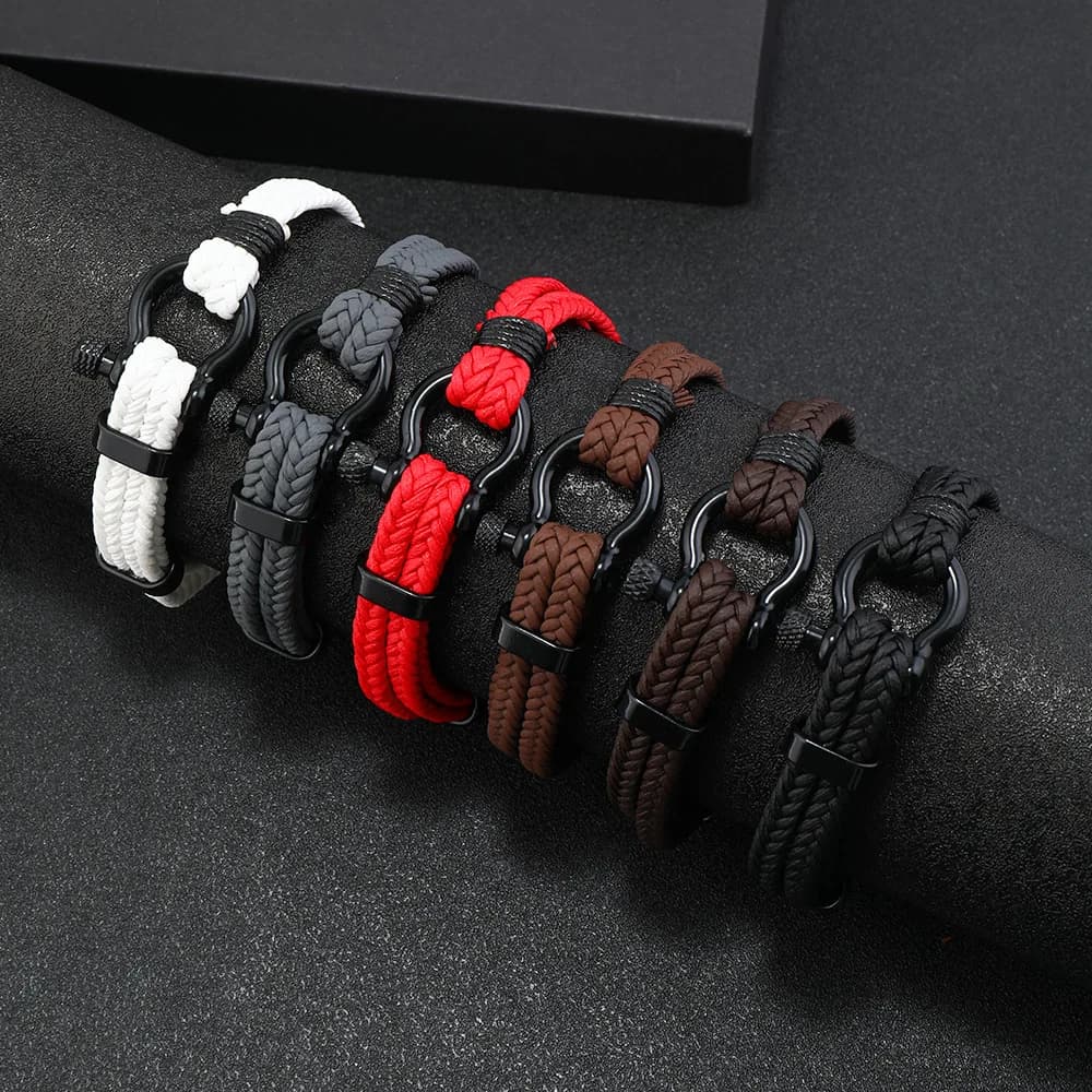 Bracelets en corde de cuir décontractés pour hommes et garçons, Bracelet tricoté Simple avec boucle en fer à cheval, cadeau réglable pour mari frère