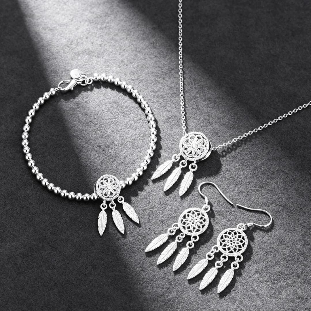 Ensemble de bijoux de créateur original en argent sterling 925, magnifique collier attrape-rêves, boucles d'oreilles, bracelet pour femme, cadeaux tendance
