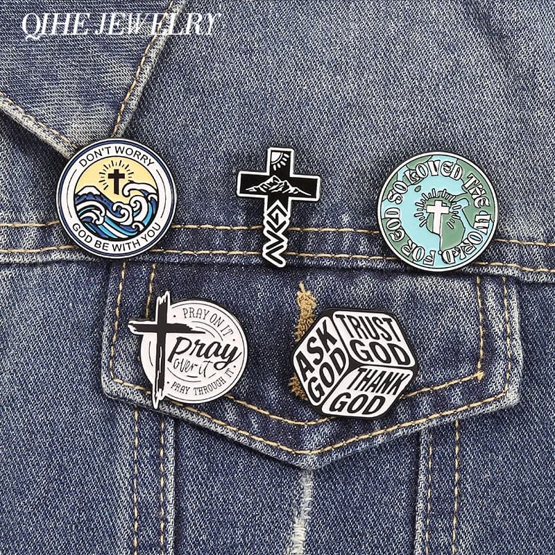 Broche en émail avec croix de jésus, croyance religieuse, demandez confiance, prier, merci, dieu ne vous inquiétez pas, soyez avec vous, broches, Badge à revers, bijoux cadeaux