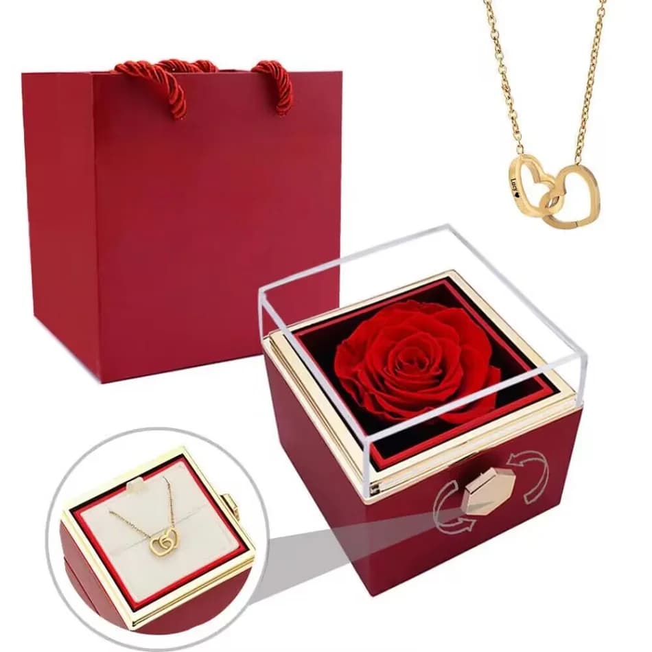 Boîte rotative éternelle en forme de Rose véritable, Double cœur, nom gravé personnalisé, collier en acier pour la saint-valentin, bijoux cadeau d'anniversaire, nouvelle collection 2025