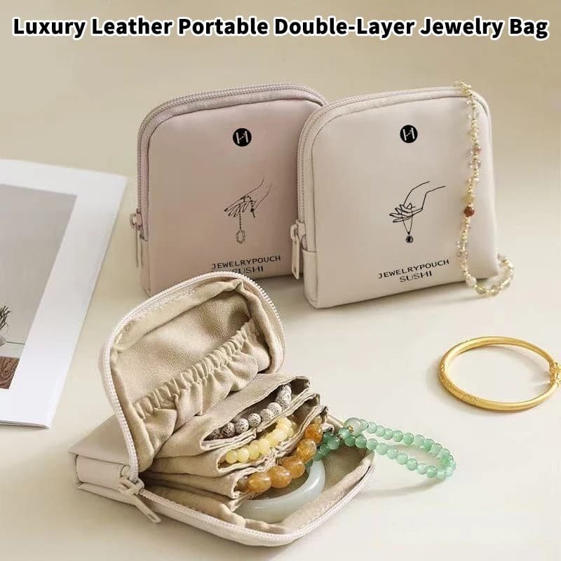 Sac à bijoux en cuir à double couche, boîte à bijoux portable, sac de rangement miniature exquis et haut de gamme pour bracelets et objets de collection, idéal pour les sorties