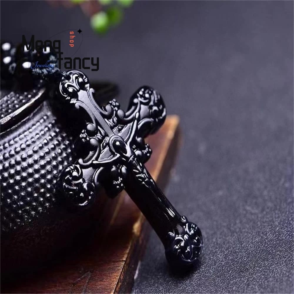 Pendentif croix en obsidienne naturelle, breloques à la mode, bijoux fins, graveur, amulette personnalisée, mascottes, collier pour femmes et hommes, cadeaux de vacances