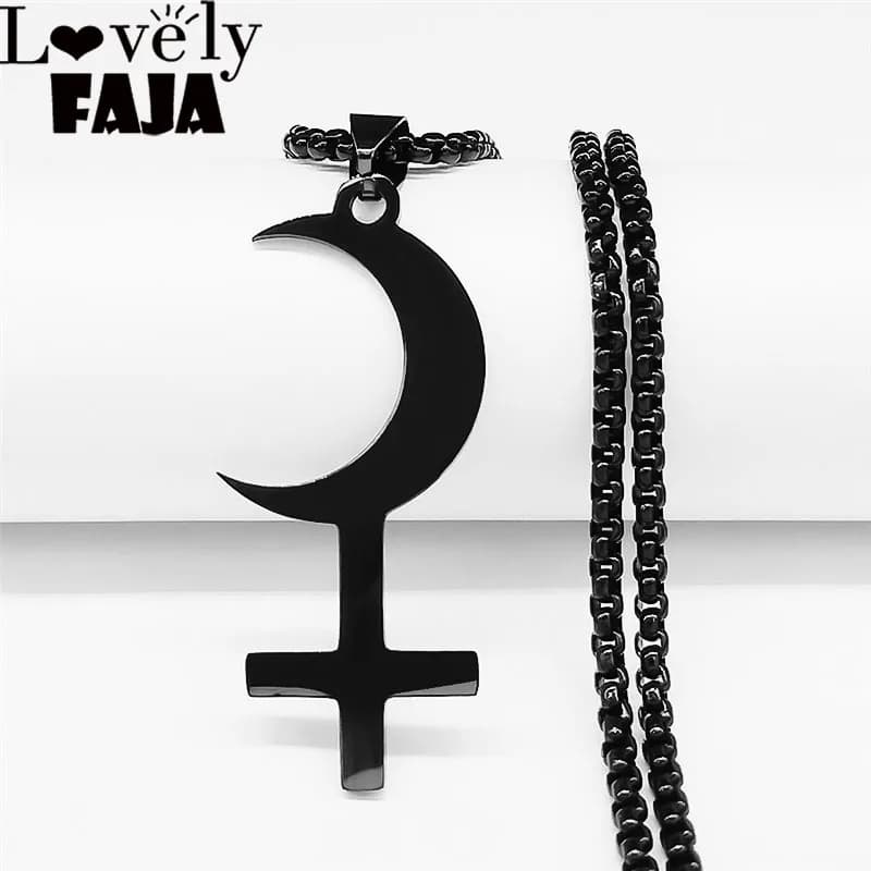 Lilith croissant inversé croix collier en acier inoxydable symbole astrologique signe colliers Satan bijoux cruz invertida N3776