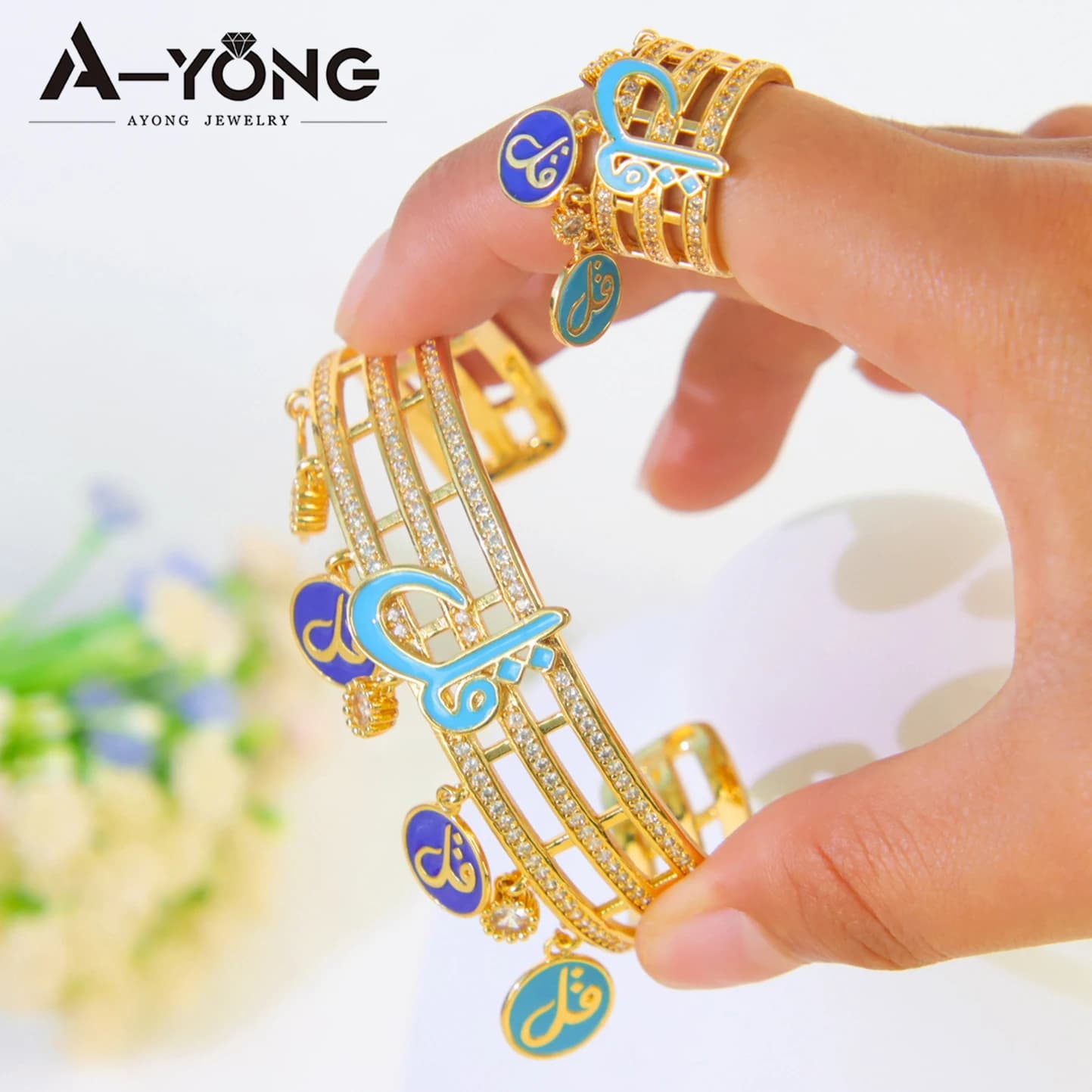 Parure de bijoux de mode islamique arabe plaqué or 21 carats avec zircone de Dubaï, bracelets et bague, pour femmes nigérianes, mariages et fêtes