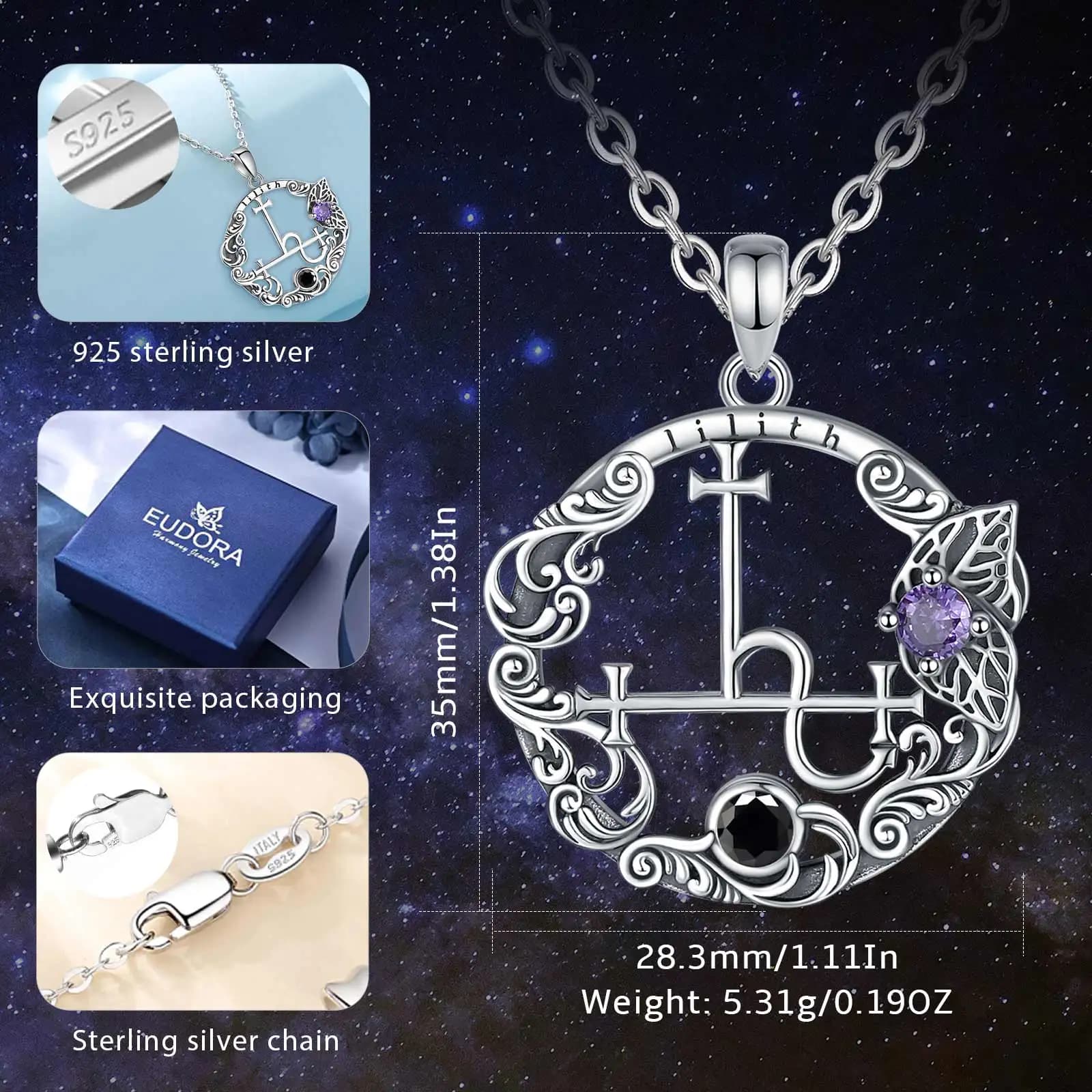Eudora 925 argent Sterling Lilith Sigil collier pour femmes homme Vintage démon Lilith lune sceau papillon pendentif personnalité cadeau