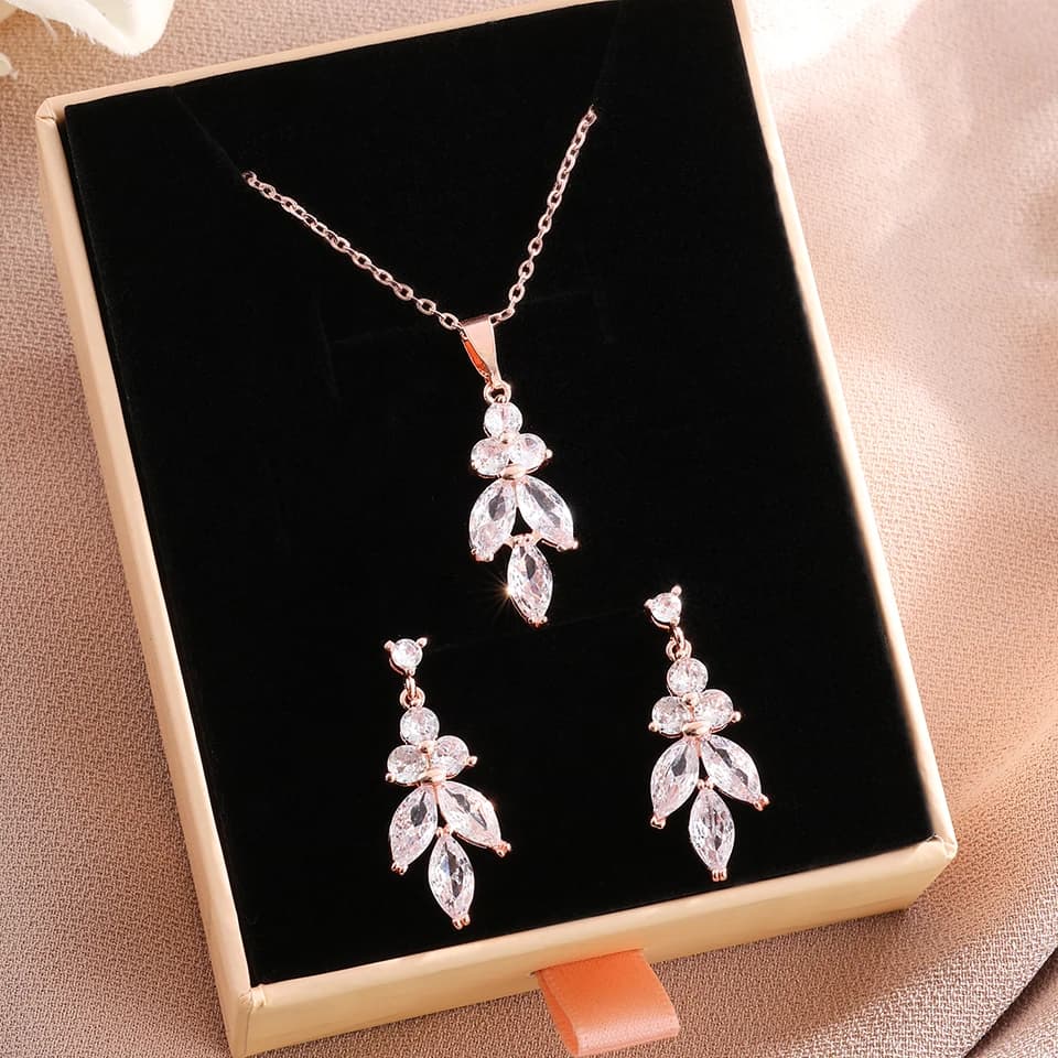 ZAKOL classique Marique feuille AAA Zircon boucles d'oreilles collier ensemble de bijoux de mariage avec boîte rose anniversaire bijoux de noël cadeau