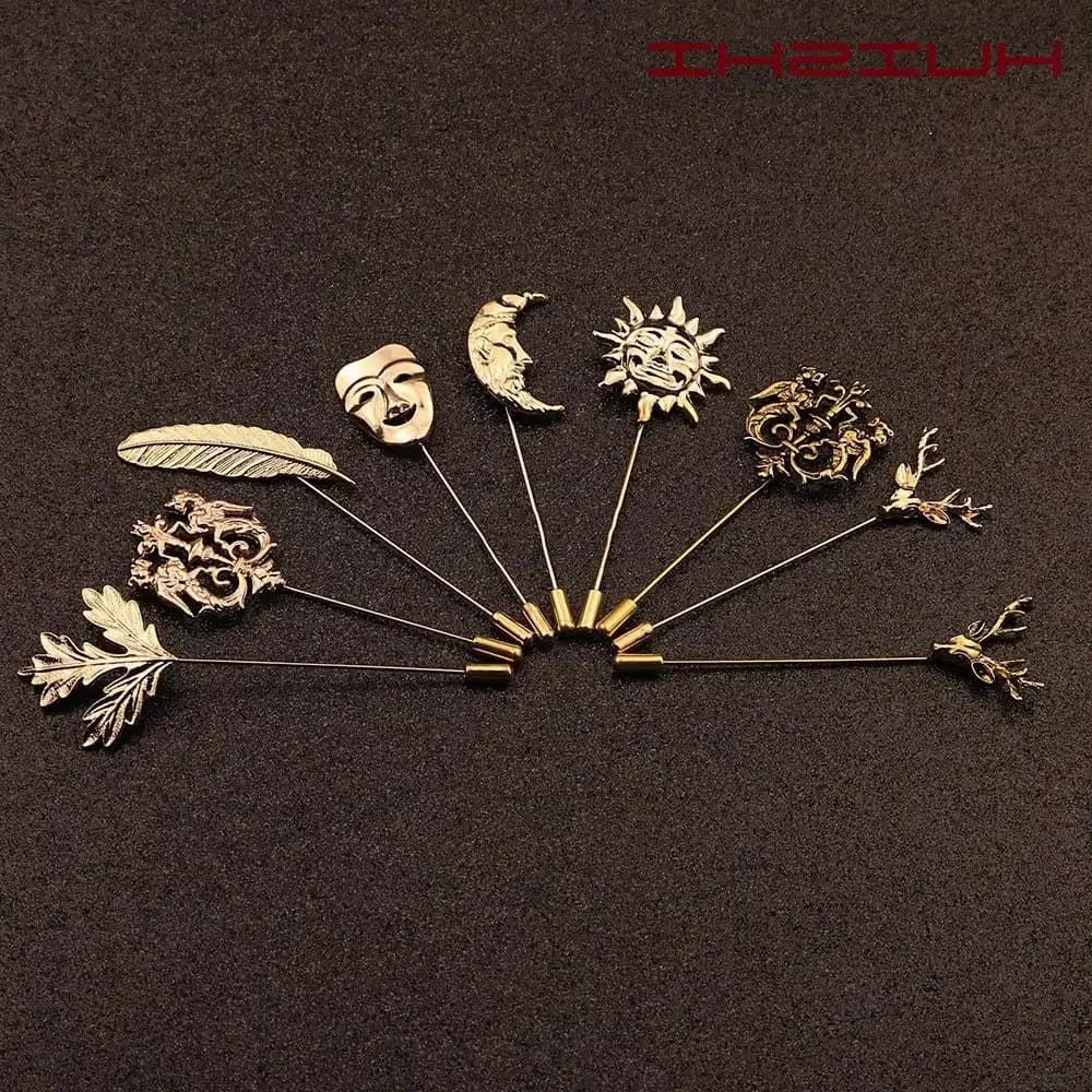 Broche de cravate Vintage pour hommes et femmes, or argenté, feuille de cerf, soleil, broche pour costume de mariage, poche, bijoux à la mode, accessoires rétro
