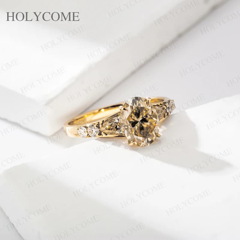 Bague en argent sterling 925 plaqué or 18 carats avec moissanite taille ovale/poire/ronde couleur D/champagne VVS1 – Cadeau d'anniversaire, bijoux fins pour elle