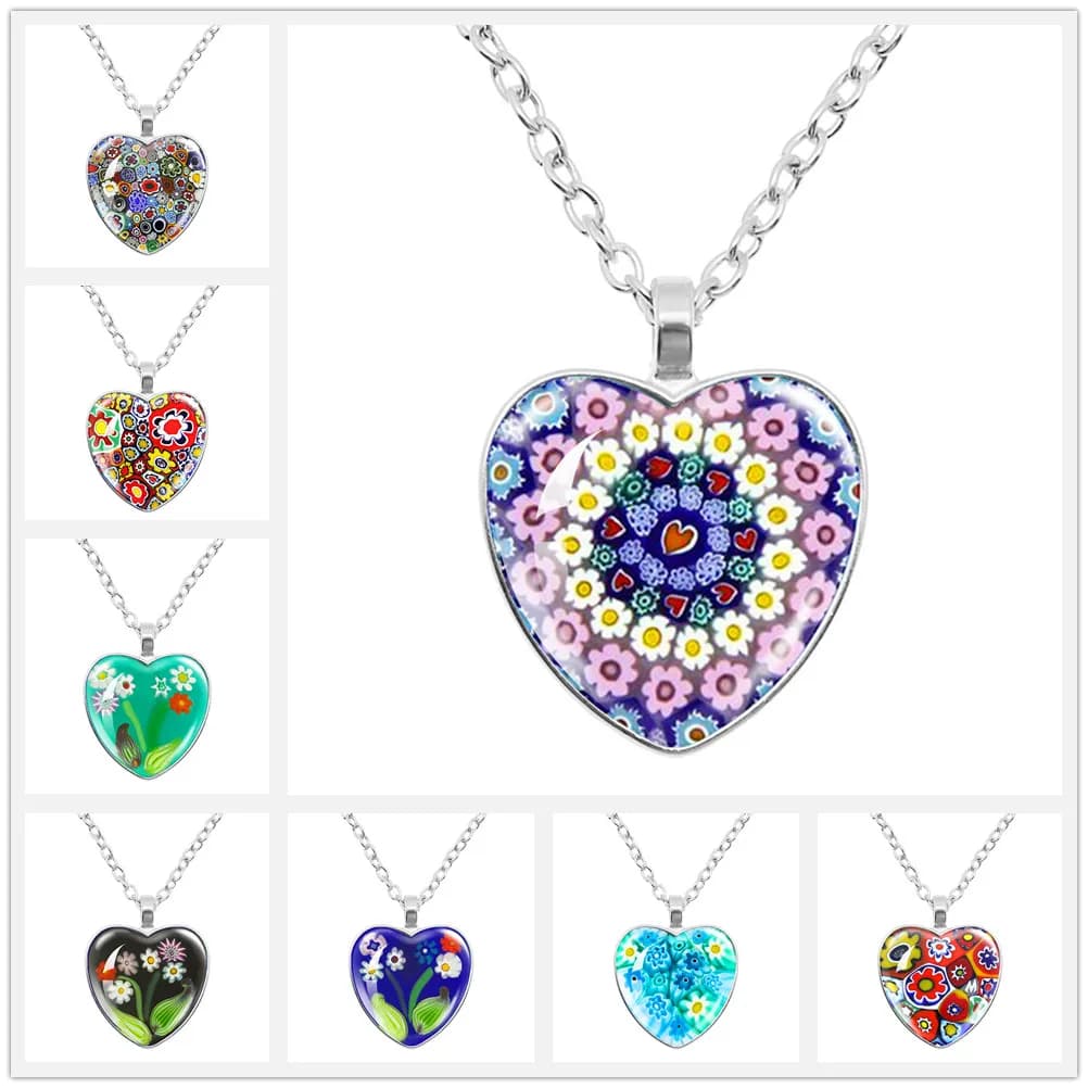 Collier pendentif coeur Murano Millefiori pour hommes et femmes, fleur multicolore, cabochon en verre, cadeau de bijoux, vente en gros
