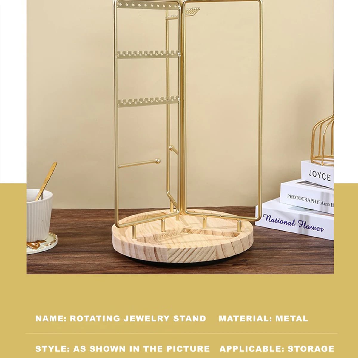 Support organisateur de bijoux en fer, cadre en métal doré et Base en bois, pliable et rotatif, multi-compartiments pour boucles d'oreilles/colliers/Br