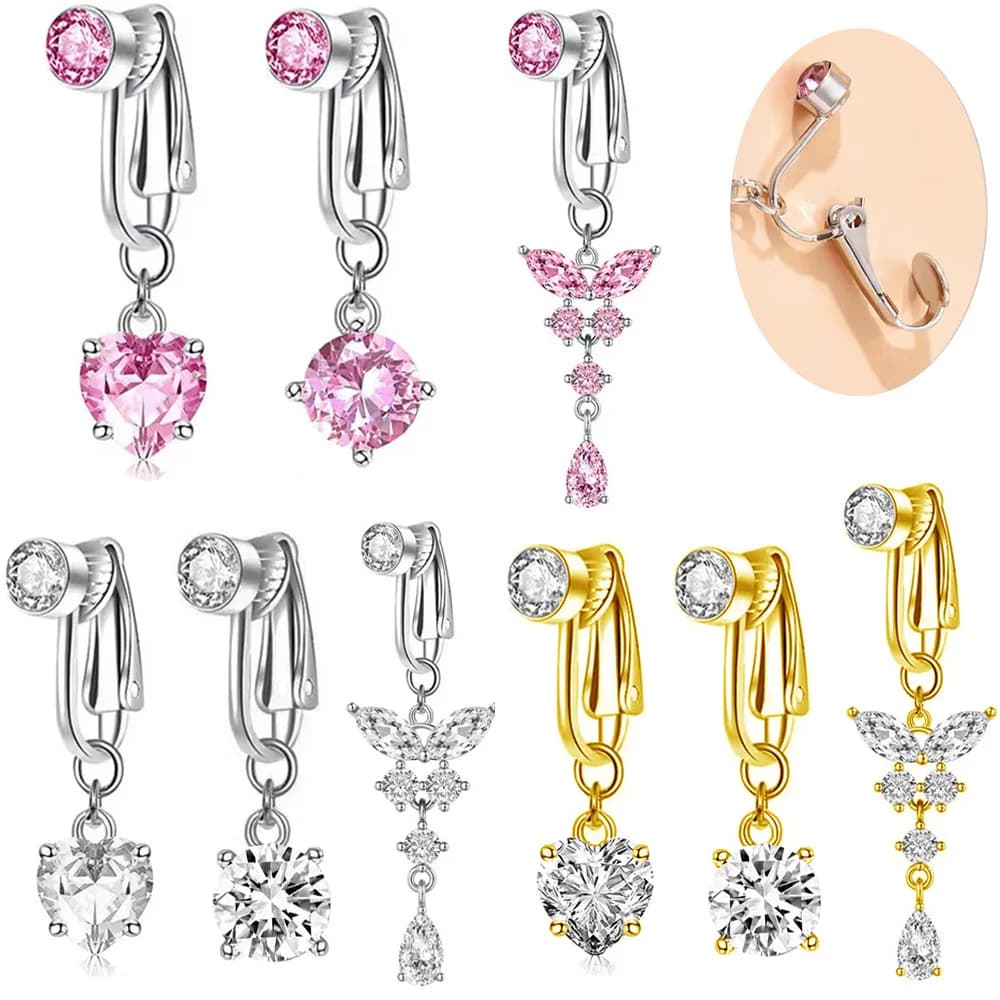 Faux Piercing de ventre, papillon, cœur, Long, faux nombril, Clip sur nombril ombilical, Cartilage, boucle d'oreille