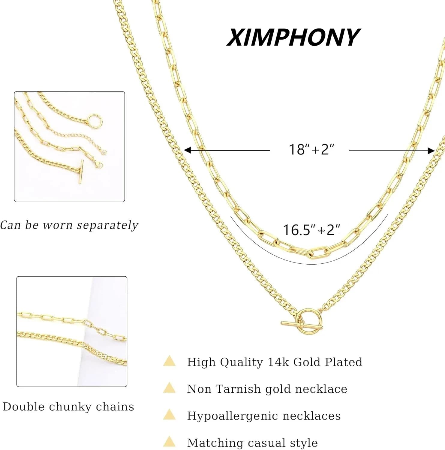 Collier superposé en or pour femmes, plaqué or K, lien cubain, trombone, chaîne, fermoir à bascule, bijoux pour femmes