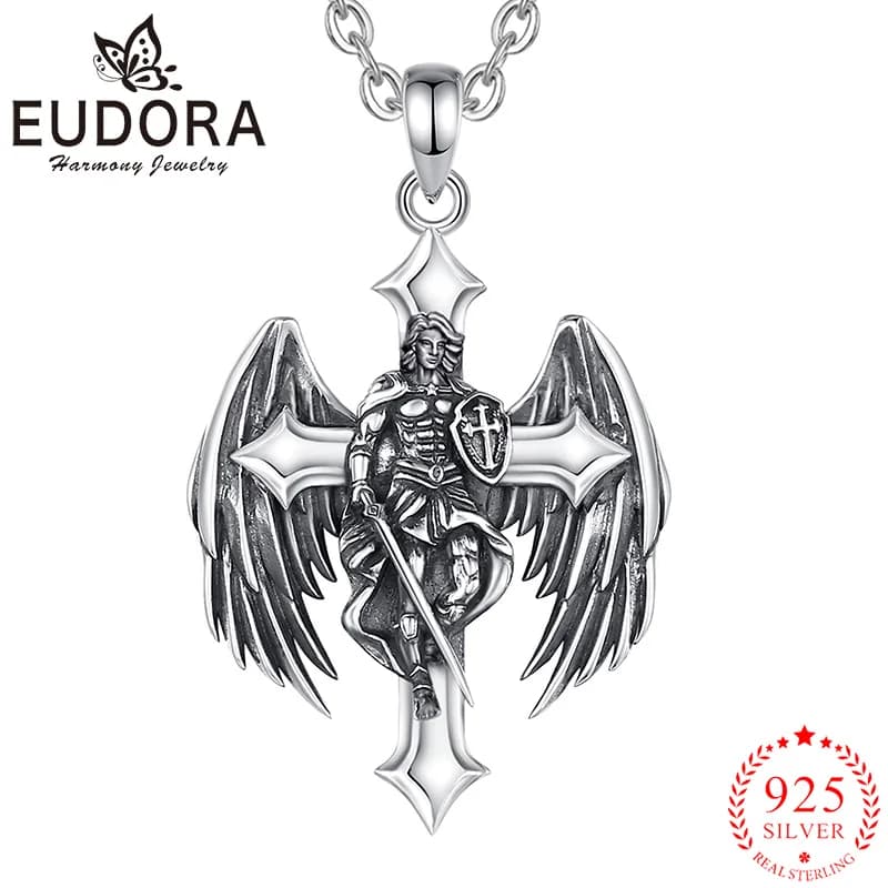 Eudora 925 argent Sterling Saint Michel archange collier Vintage croix bouclier pendentif pour hommes femmes chrétien bijoux cadeau