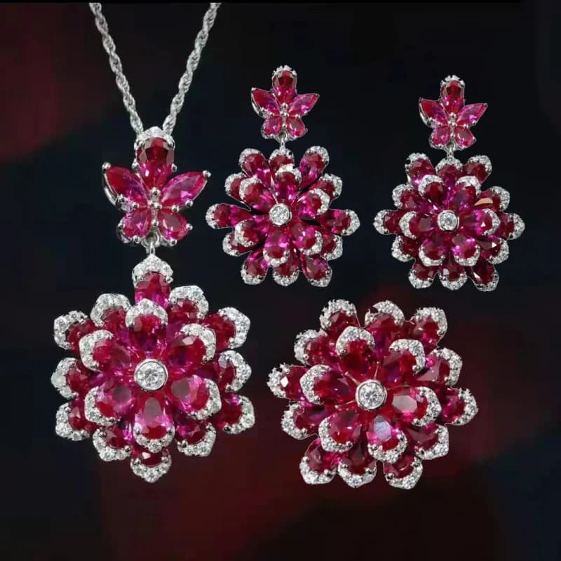 Nouvel ensemble de bijoux floraux de Foyejaf - collier, boucles d'oreilles pendantes bleu roi luxueuses, bague