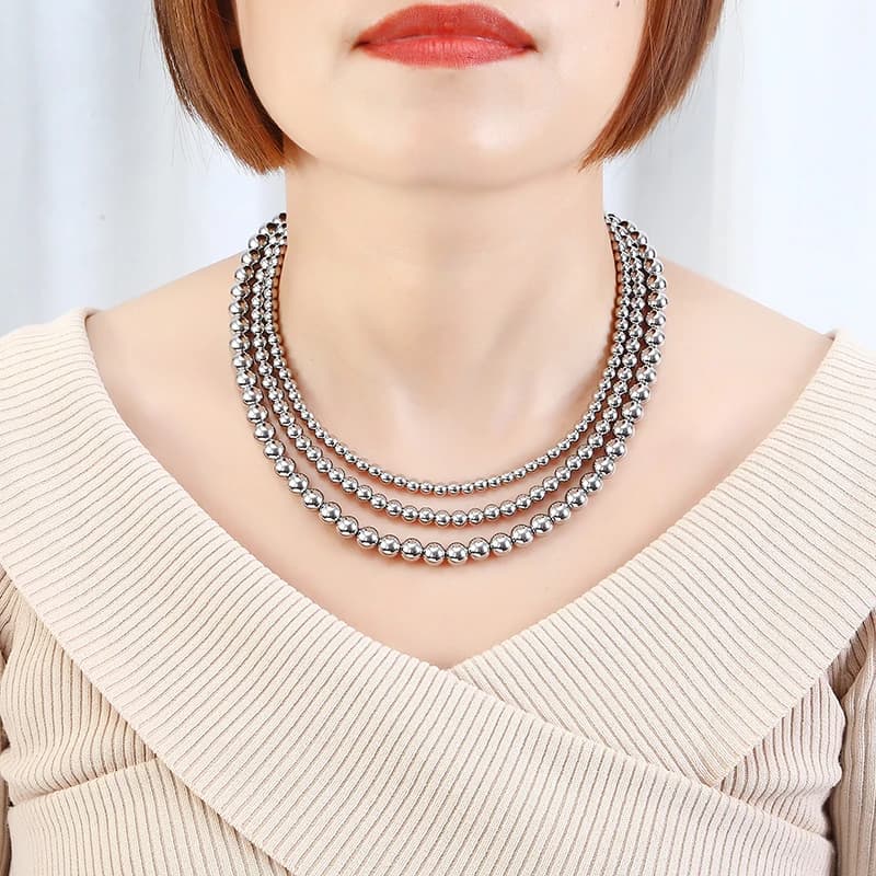 Collier de perles de Bergame en acier inoxydable étanche, bijoux en métal, perles lisses, breloque classique, sans décoloration, haute qualité, degré d'usure