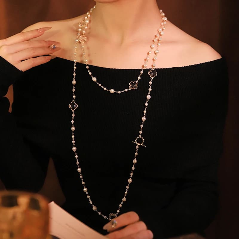 Collier Long en verre de trèfle de perles d'eau douce naturelles, chaîne de pull incrustée de Zircon, Design luxueux, bijoux pour femmes GN0830