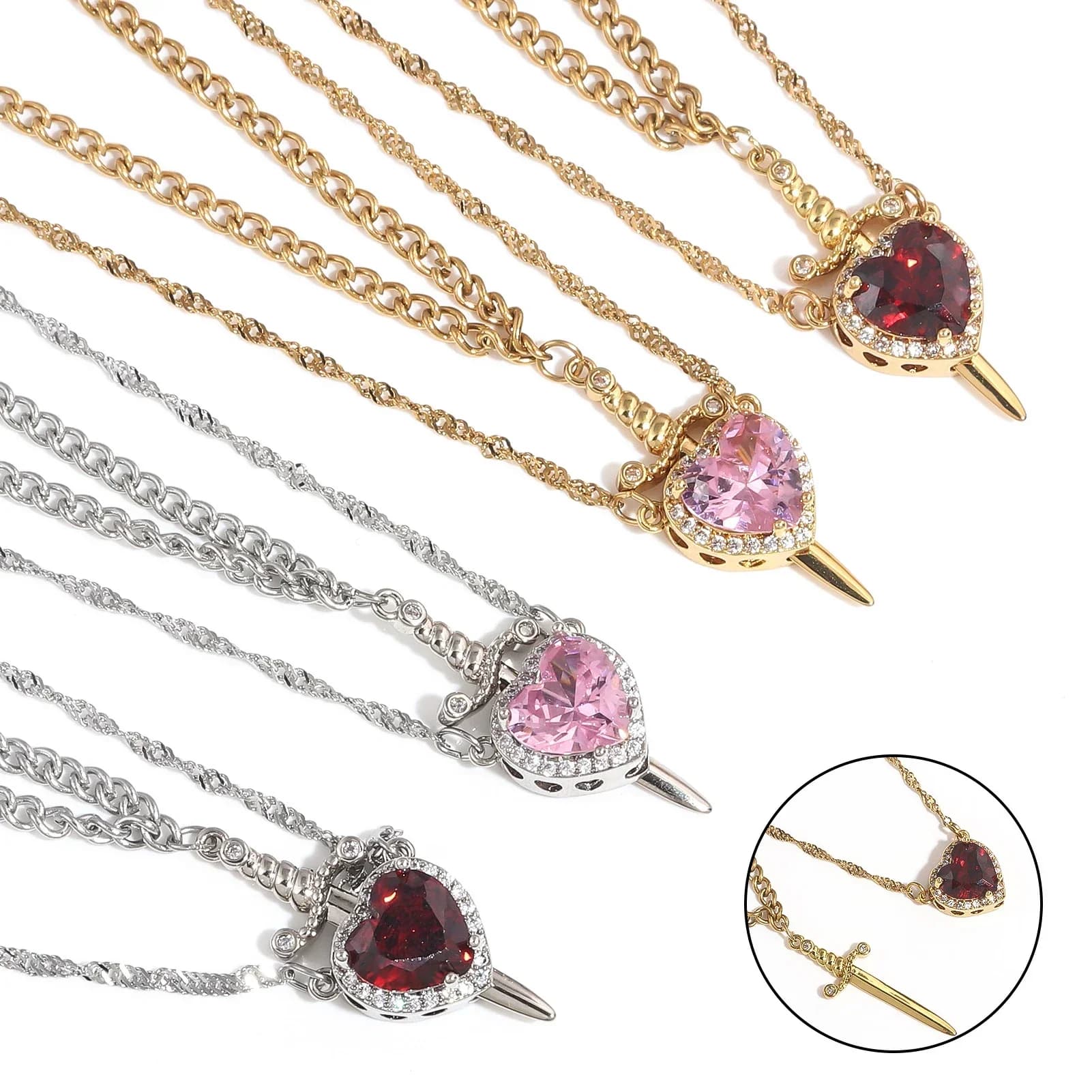 LATS 2 pièces peuvent être assemblés coeur et épée Zircon pendentif collier pour femmes hommes Couple argent plaqué or tour de cou chaîne bijoux