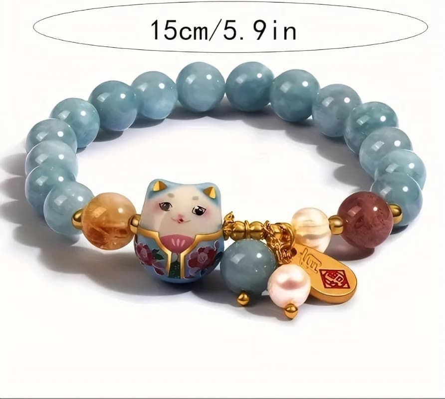 Bracelet Chat Porte-Bonheur avec Cristal Bleu, Breloque Chat en Céramique, Bijou Porte-Bonheur pour Femmes, Hommes, Filles, Bracelets pour la Richesse et la Protection