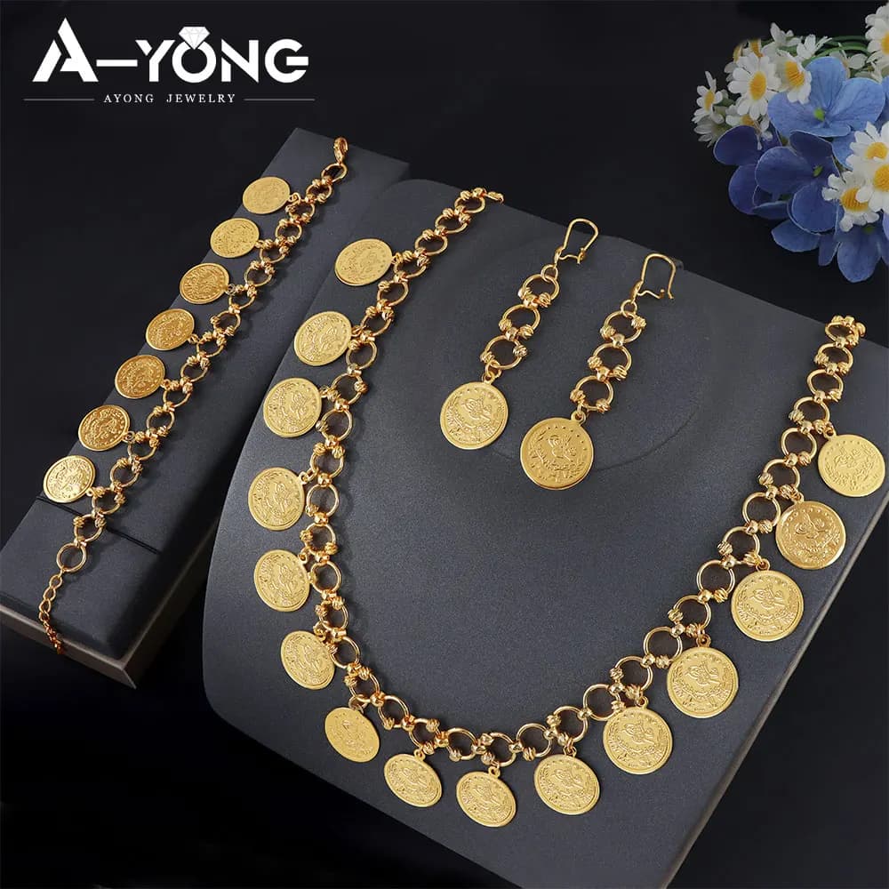 Ensemble de bijoux en pièces de monnaie turques plaqué or 24 carats, collier, bracelet et boucles d'oreilles de mariage kurde, bijoux pour femmes arabes, bijoux pour événements et fêtes