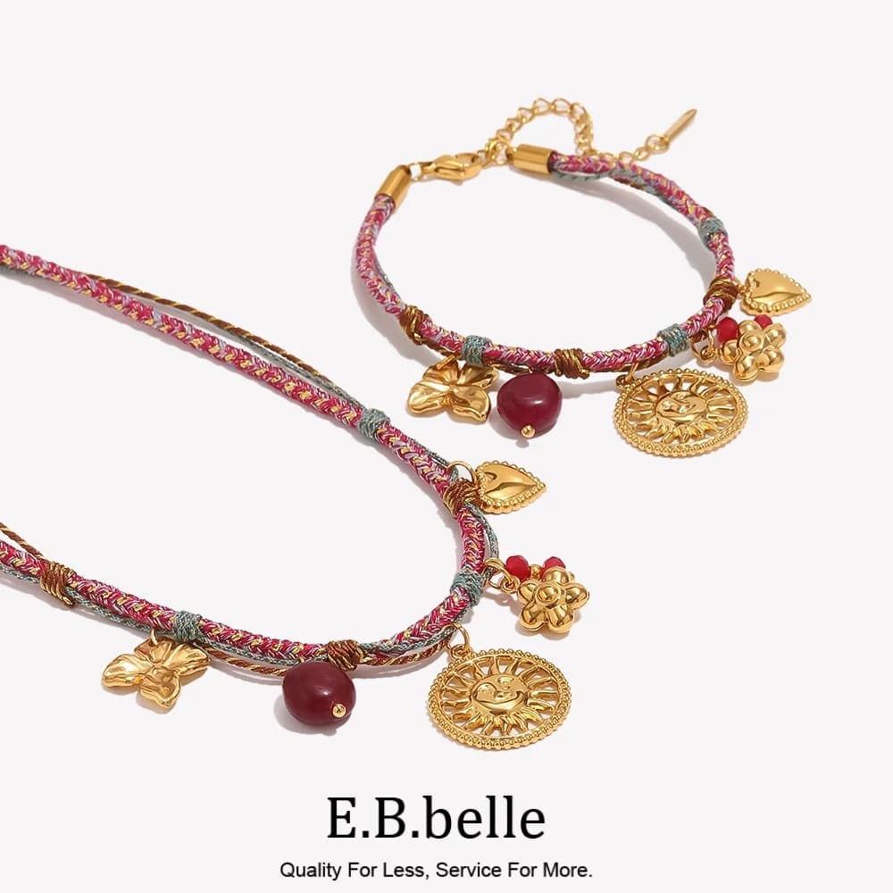 E.B.belle – pendentif Expression du soleil, chaîne en corde colorée, collier et Bracelet, ensemble de bijoux de marque ronds Vintage avec petit cœur