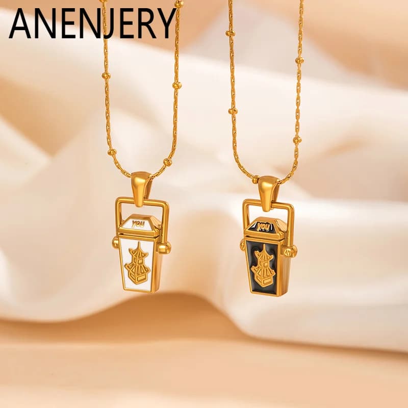 ANENJERY Collier pendentif boîte au trésor en émail en acier inoxydable 316L pour femme, bijoux de luxe vintage de niche, cadeaux en gros
