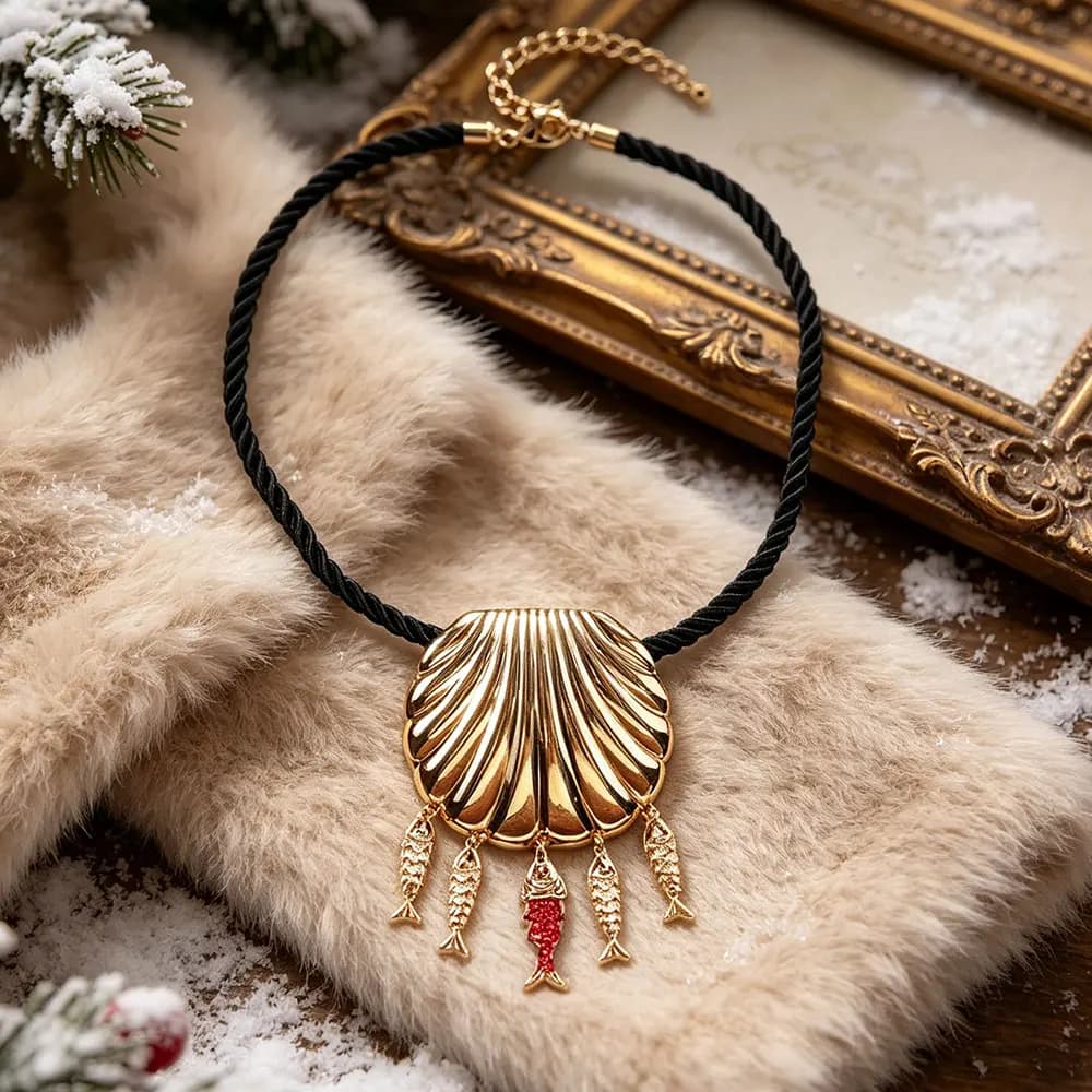 Collier en cordon noir avec breloque coquille et poisson, bijoux de Style côtier rétro pour un look quotidien décontracté, tenues de vacances avec ambiance ludique