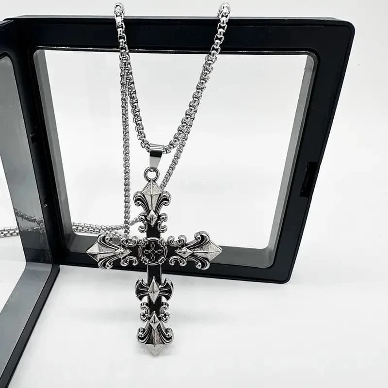 Collier chaîne en métal tendance, bijoux pour hommes, femmes, unisexe, couleur argent vintage, pendentif croix, collier punk gothique