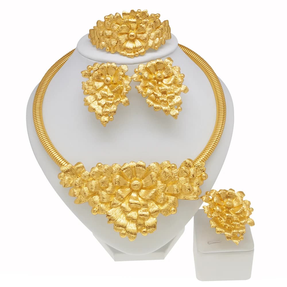 Bijoux plaqués or pour femmes, collier Original à gros bourgeons, ensemble de bijoux, boucles d'oreilles, bagues, accessoires de mariage, mode dubaï