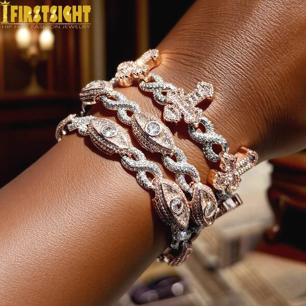 Bracelet à maillons infini pour hommes et femmes, chaîne cubaine en zircone cubique, bicolore, bijoux de rappeur Hip Hop, nouvelle collection