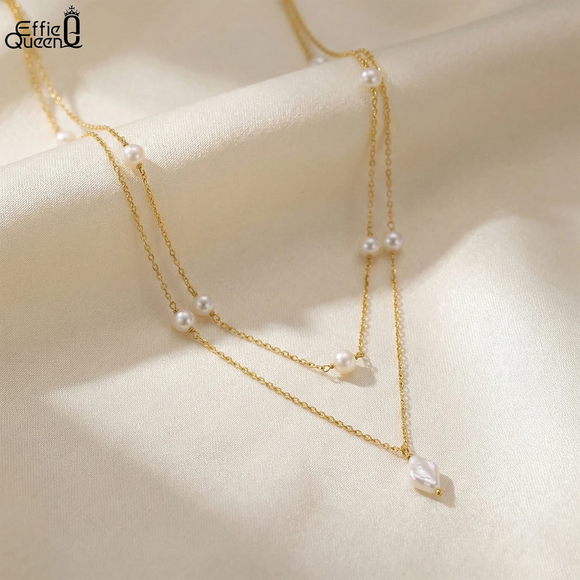 EFFIE QUEEN Collier en argent sterling 925 à deux couches en forme de Y avec pendentif en perles d'eau douce naturelles, cadeau BQN14